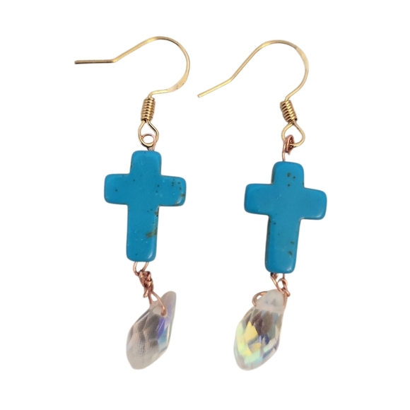 18k Gold Plated Turquoise Teardrop Ab Crystal Earrings - Picture 3 of 3